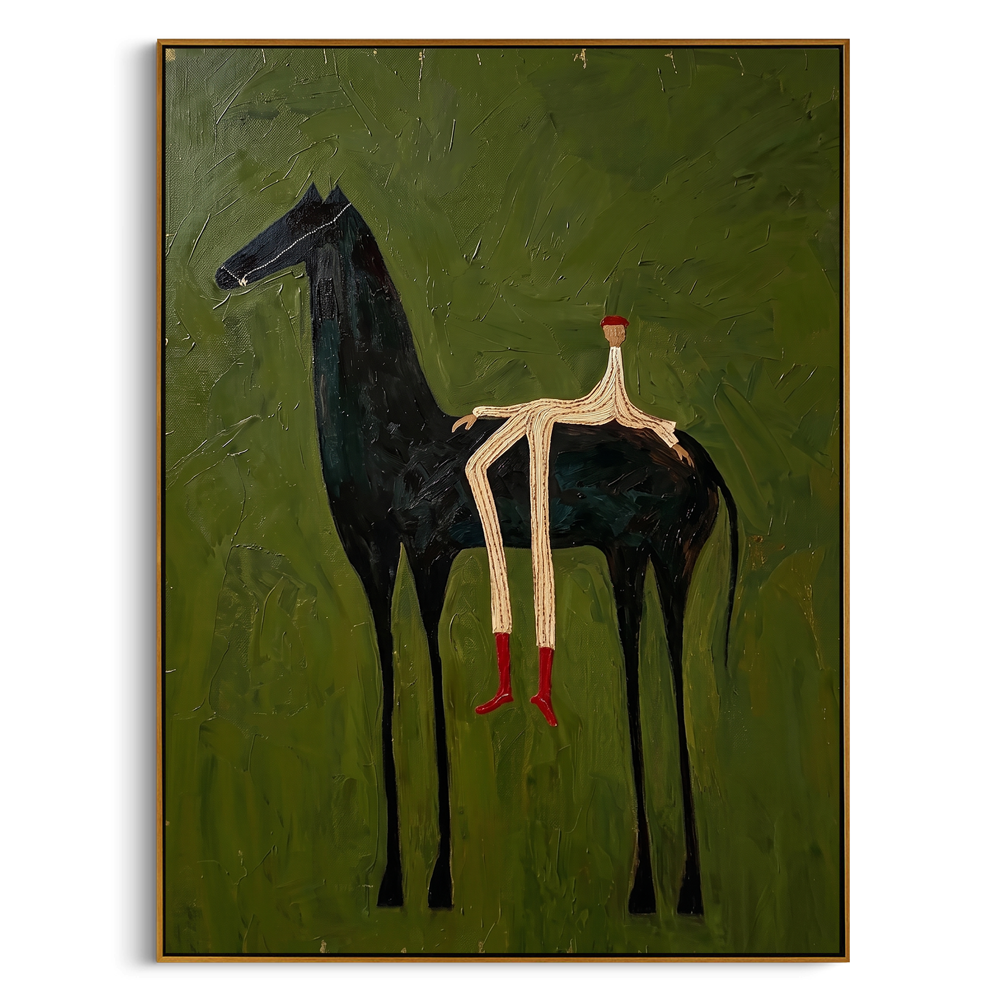 "Whimsical Slender Rider & Black Steed" – Modern Heavy Impasto Primitive Surreal Figurative | 3D Moss Olive & Crimson Red Palette Knife Painting | Luxury Vertical Wall Art #AB 526