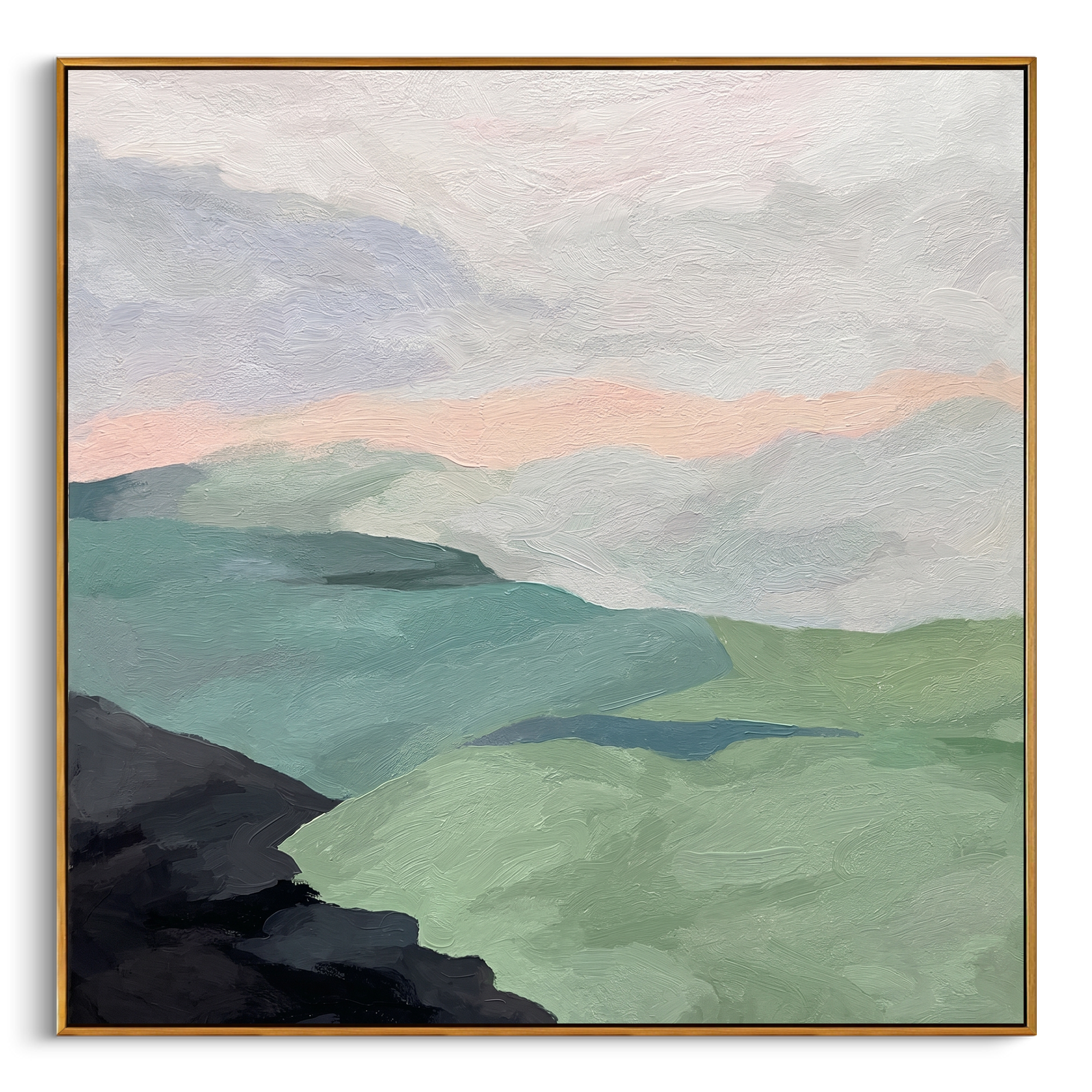 "Misty Pastel Mountain Ridges" – Modern Heavy Impasto Minimalist Landscape | 3D Sage Green & Blush Dusk Palette Knife Painting | Luxury Square Wall Art #PT 569