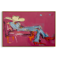 "Lounging Magenta Cowboy Sketch" – Modern Heavy Impasto Western Figurative Art | 3D Fuchsia & Denim Palette Knife Painting | Luxury Horizontal Wall Art #PT 640