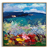 "Mediterranean Floral Vista" – Modern Heavy Impasto Impressionist Landscape | 3D Vivid Azure & Crimson Palette Knife Painting | Luxury Square Wall Art #PT 567
