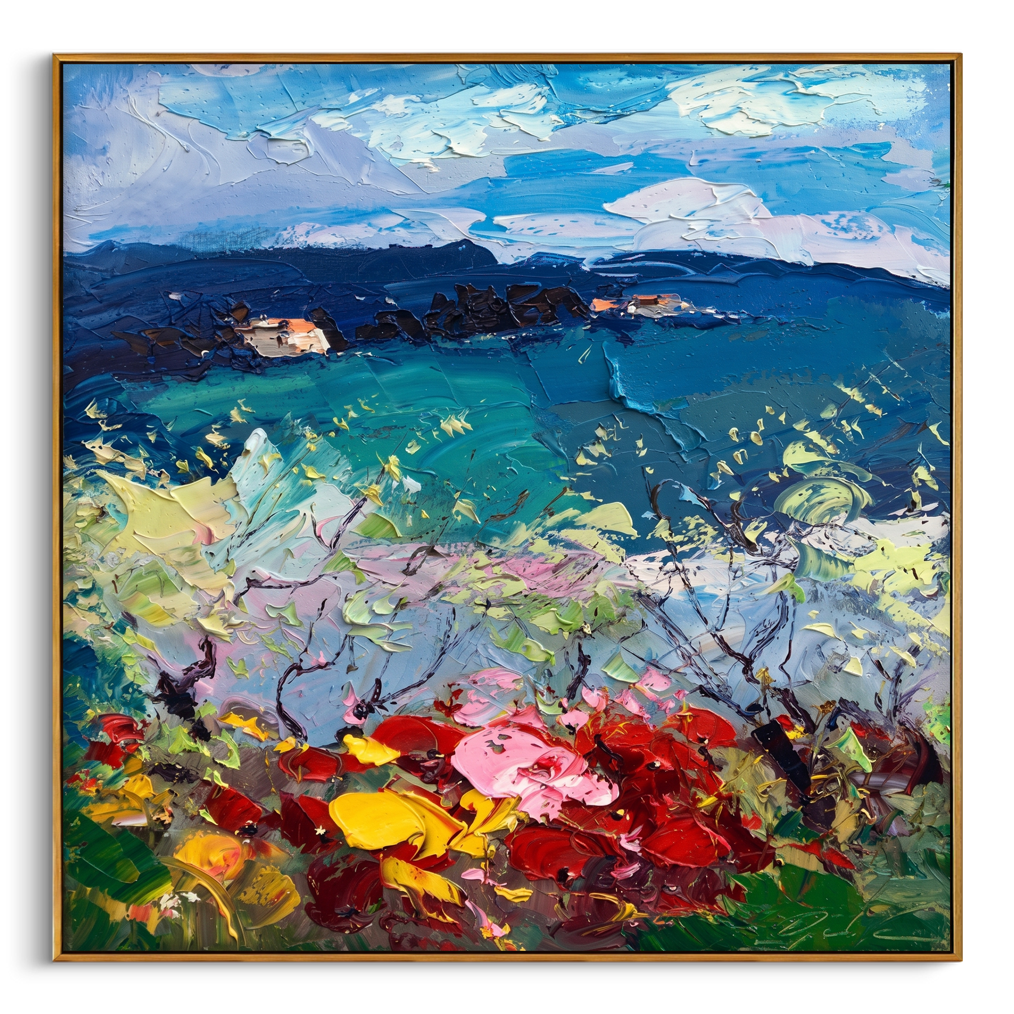 "Mediterranean Floral Vista" – Modern Heavy Impasto Impressionist Landscape | 3D Vivid Azure & Crimson Palette Knife Painting | Luxury Square Wall Art #PT 567