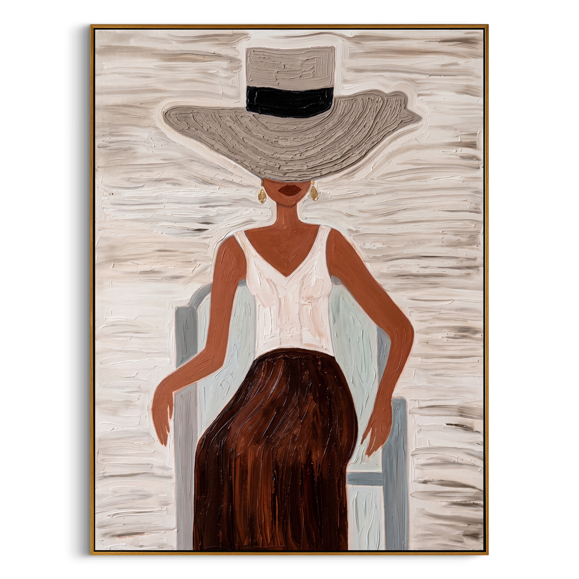 Sunhat Serenity" – Expressive Impasto Figurative Artwork | Tactile Neutral Tone Woman in Chair Art | Luxury Minimalist Statement Wall Art #PE 502