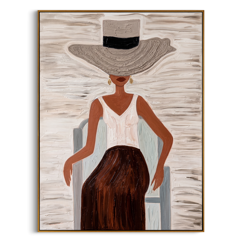Sunhat Serenity" – Expressive Impasto Figurative Artwork | Tactile Neutral Tone Woman in Chair Art | Luxury Minimalist Statement Wall Art #PE 502