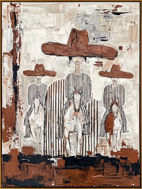 "Three Riders" – Modern Heavy Impasto Western Art | 3D Rust & Ivory Palette Knife Painting | Luxury Vertical Wall Art #PE 509