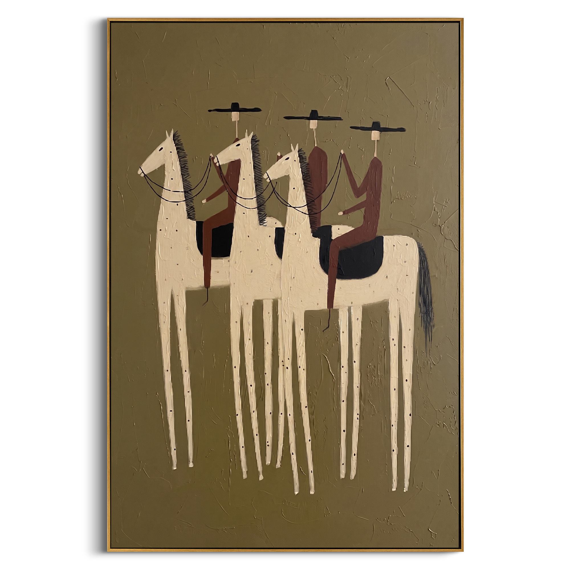 "Three Prairie Wanderers" – Modern Heavy Impasto Western Folk Figurative | 3D Dusty Olive & Warm Russet Palette Knife Painting | Luxury Vertical Wall Art #AB 515
