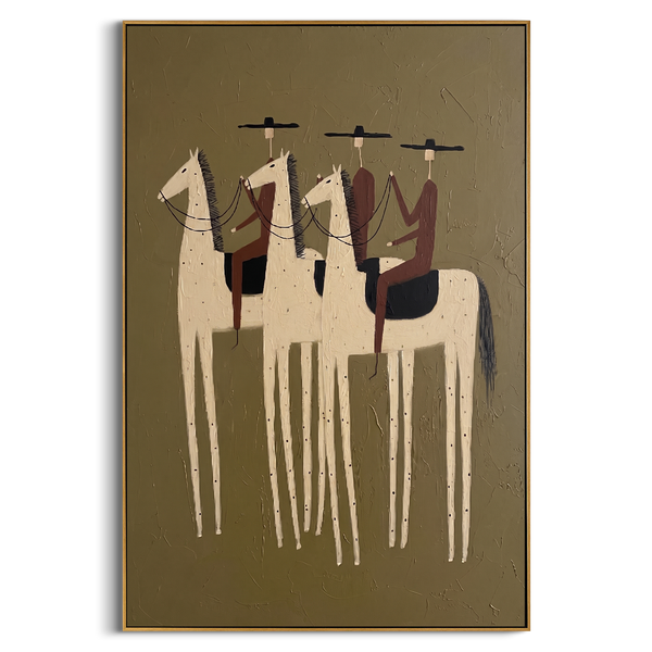 "Three Prairie Wanderers" – Modern Heavy Impasto Western Folk Figurative | 3D Dusty Olive & Warm Russet Palette Knife Painting | Luxury Vertical Wall Art #AB 515