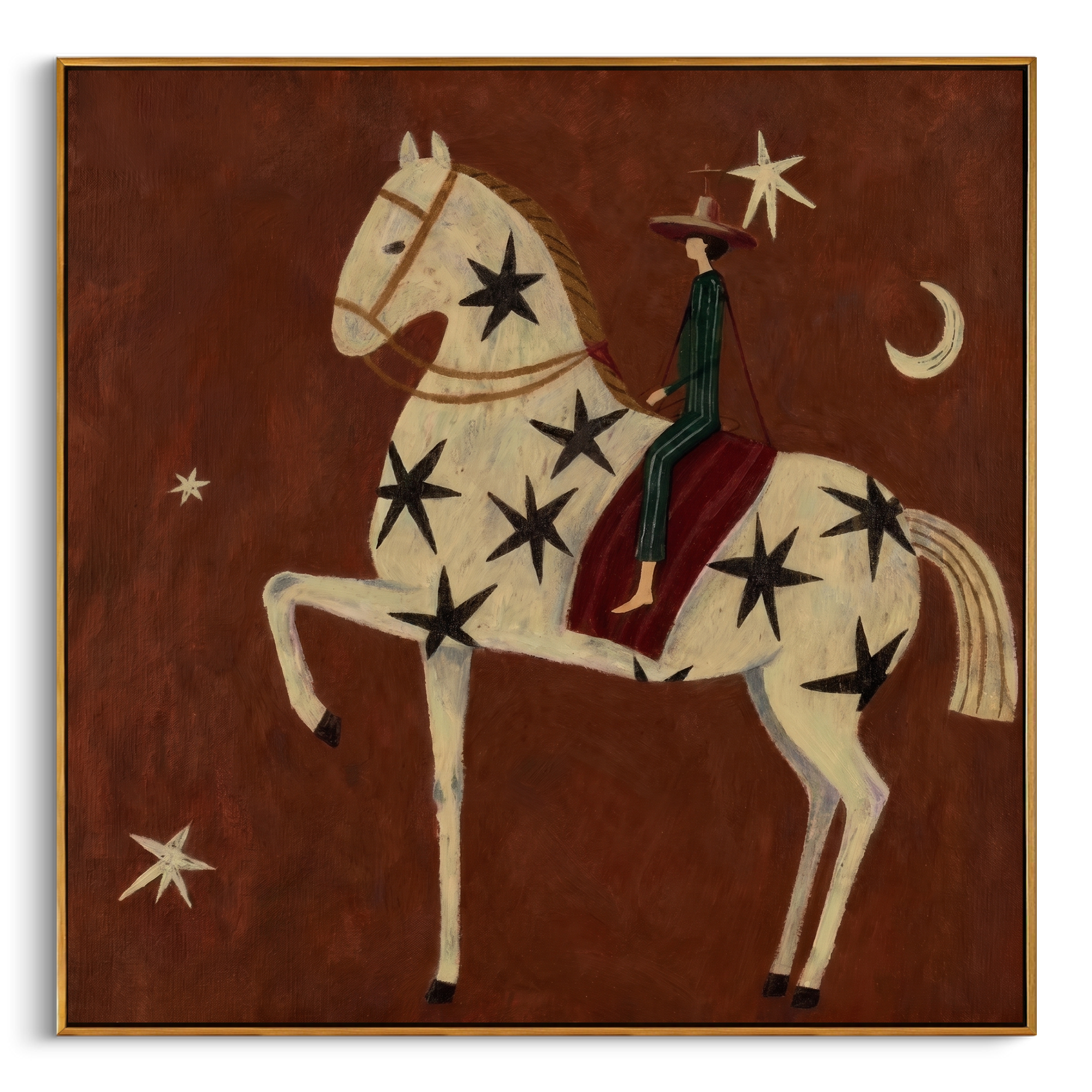 "Starry Midnight Cowboy Steed" – Modern Heavy Impasto Primitive Western Figurative | 3D Rust Umber & Soft Ivory Palette Knife Painting | Luxury Square Wall Art #AB 523