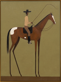 "Solo Pasture Cowboy" – Modern Heavy Impasto Minimal Western Figurative | 3D Moss Olive & Chestnut Palette Knife Painting | Luxury Vertical Wall Art #PT 507