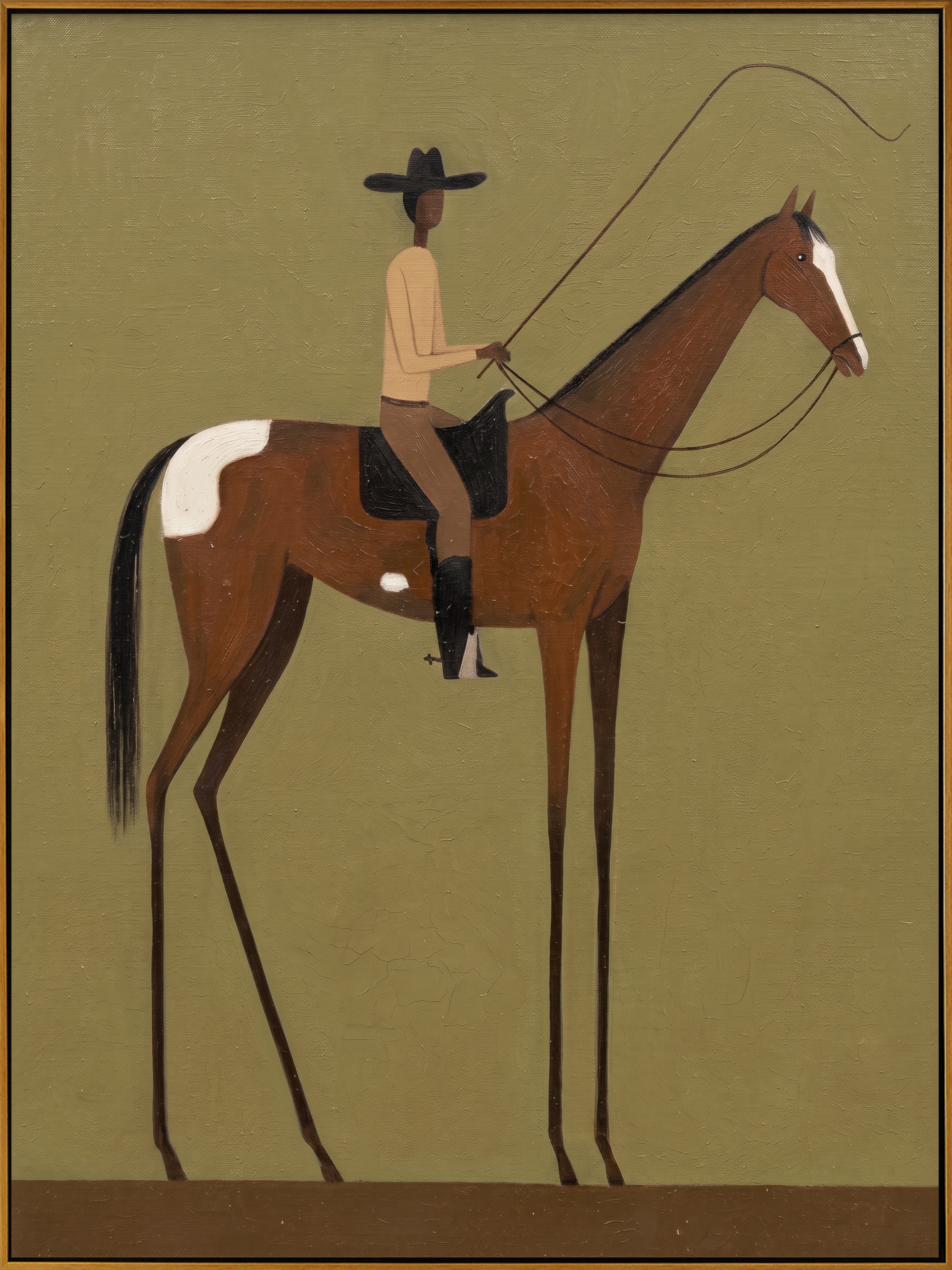 "Solo Pasture Cowboy" – Modern Heavy Impasto Minimal Western Figurative | 3D Moss Olive & Chestnut Palette Knife Painting | Luxury Vertical Wall Art #PT 507
