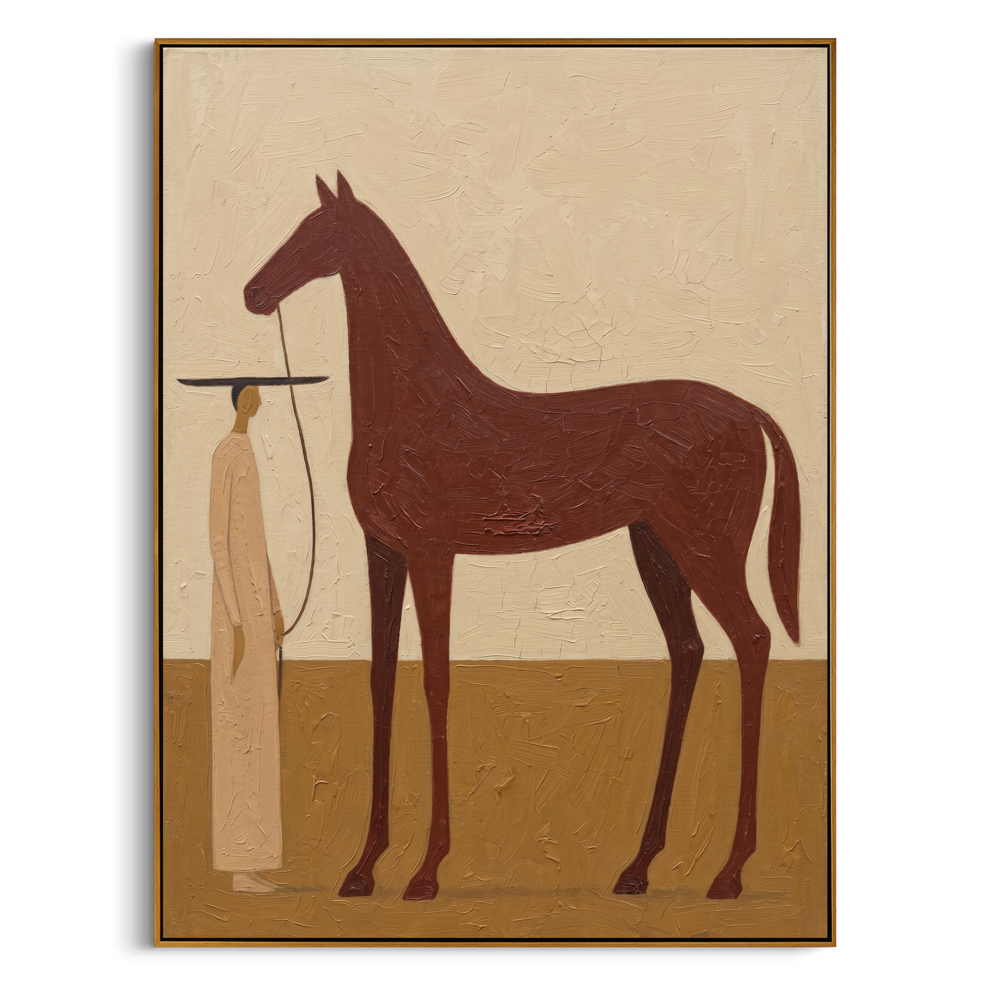 "Calm Equine Keeper" – Modern Heavy Impasto Minimal Western Figurative | 3D Warm Russet & Sand Beige Palette Knife Painting | Luxury Vertical Wall Art #AB 514