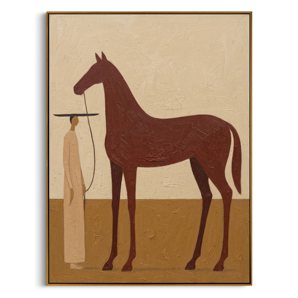 "Calm Equine Keeper" – Modern Heavy Impasto Minimal Western Figurative | 3D Warm Russet & Sand Beige Palette Knife Painting | Luxury Vertical Wall Art #AB 514