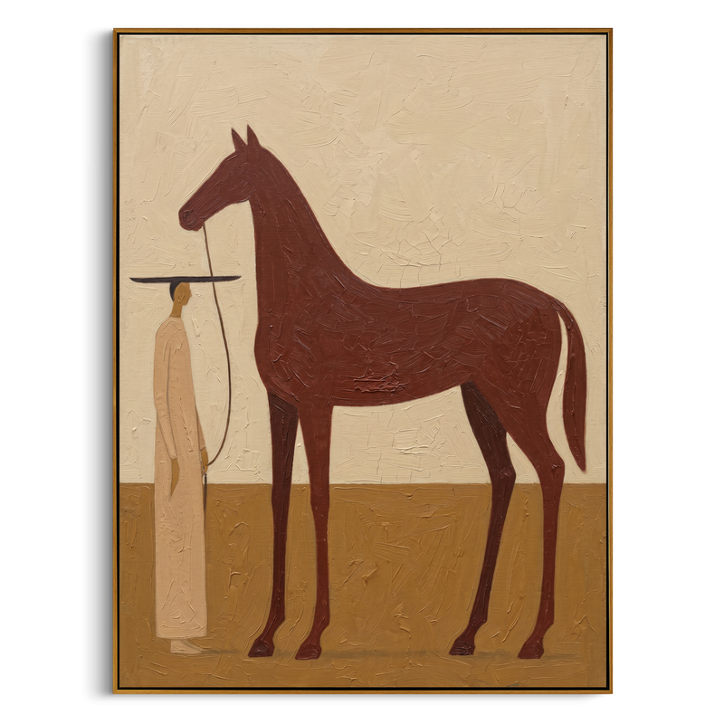 "Calm Equine Keeper" – Modern Heavy Impasto Minimal Western Figurative | 3D Warm Russet & Sand Beige Palette Knife Painting | Luxury Vertical Wall Art #AB 514