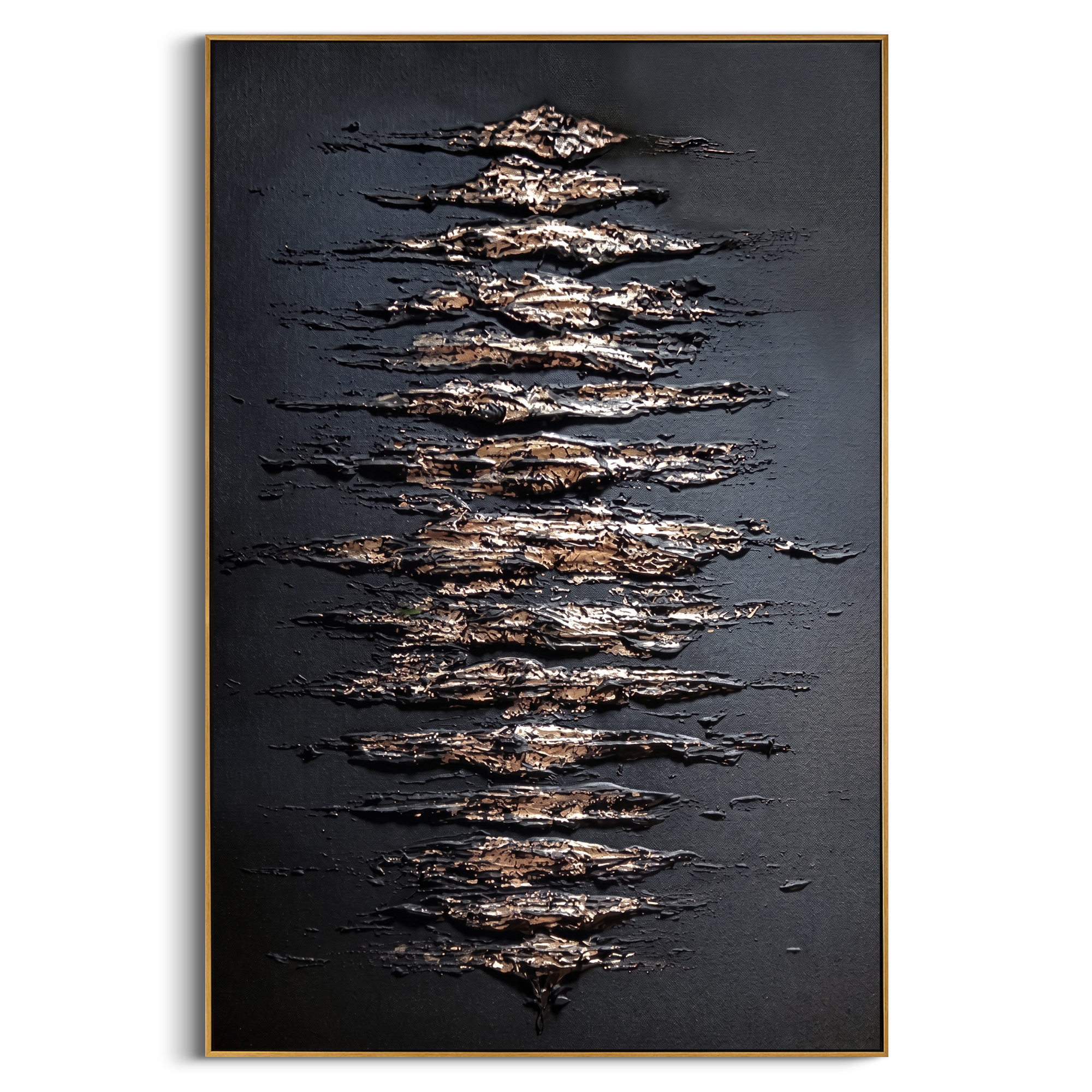 "Gilded Midnight Tide" - Modern Heavy Impasto Abstract Relief | 3D Matte Black & Metallic Gold Palette Knife Painting | Luxury Vertical Wall Art #WS 260