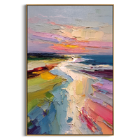 "Pastel Sunset Coastal Path" - Modern Heavy Impasto Impressionist Seascape | 3D Blush Pink & Mint Teal Palette Knife Painting | Luxury Vertical Wall Art #PT 586