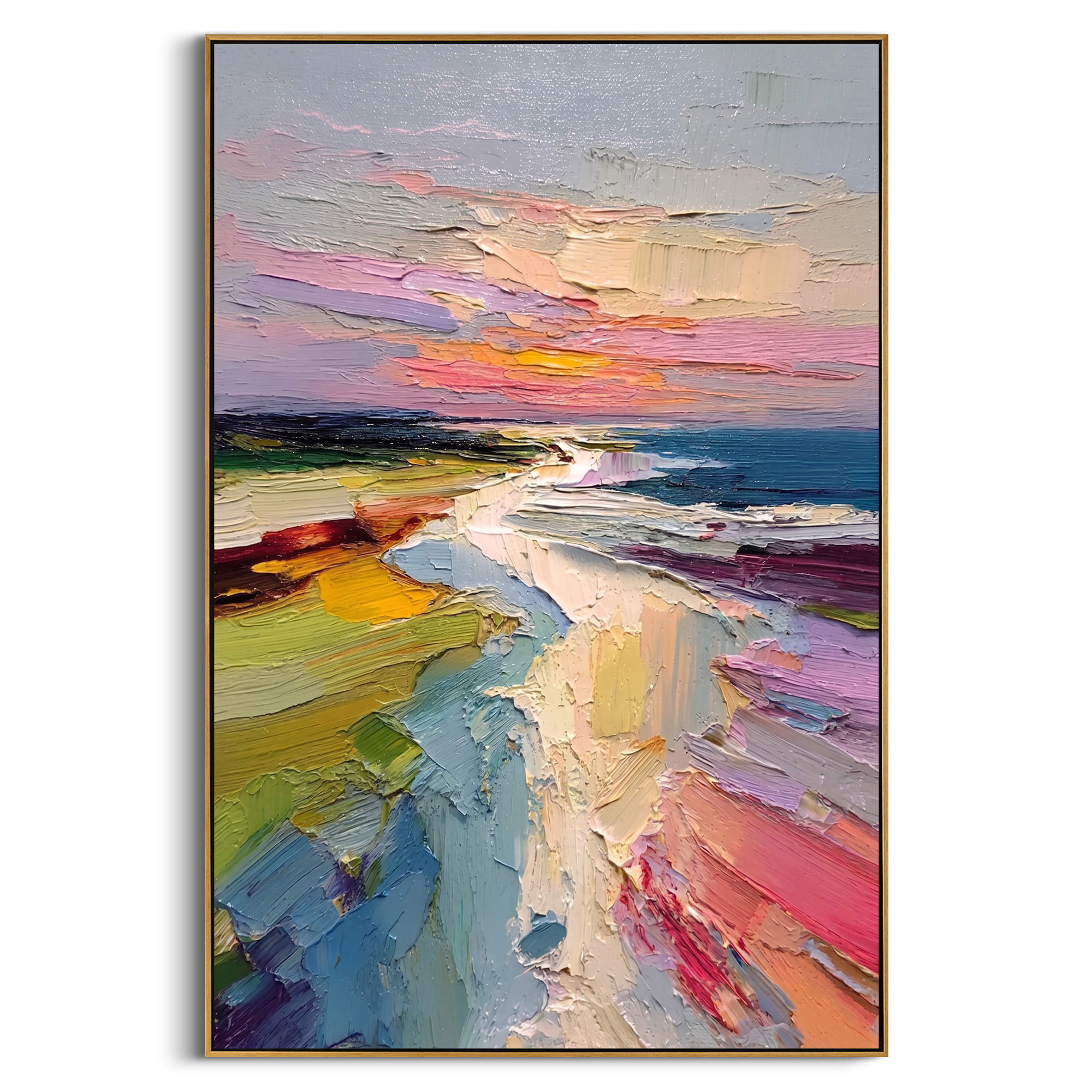 "Pastel Sunset Coastal Path" - Modern Heavy Impasto Impressionist Seascape | 3D Blush Pink & Mint Teal Palette Knife Painting | Luxury Vertical Wall Art #PT 586