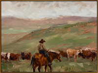 "Pasture Cattle Herder" – Modern Heavy Impasto Western Landscape Figurative | 3D Prairie Green & Rust Terracotta Palette Knife Painting | Luxury Horizontal Wall Art #PT 561