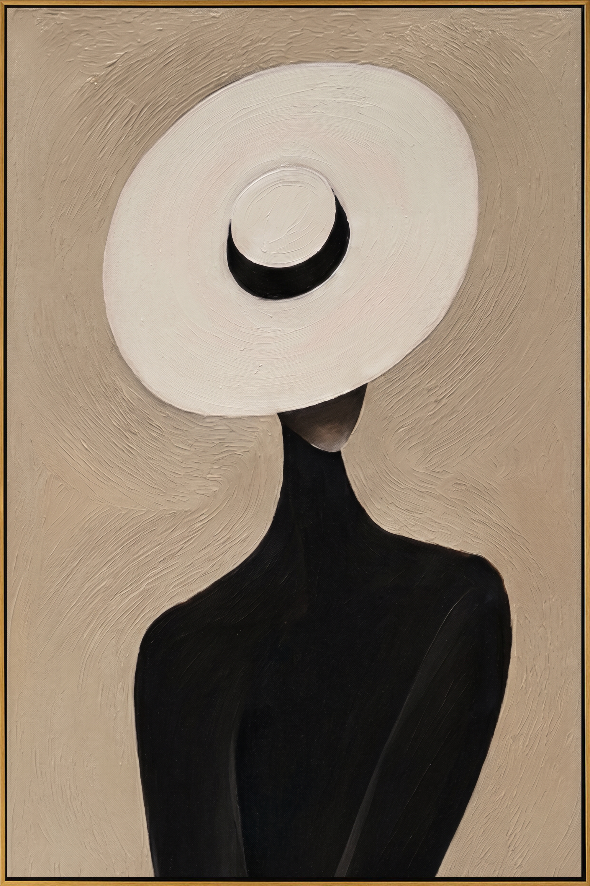 "The White Hat Silhouette" – Modern Heavy Impasto Abstract Portrait | 3D Beige & Noir Palette Knife Painting | Luxury Vertical Wall Art #PE 510