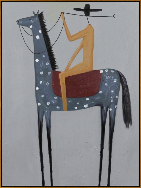"Solitary Western Rider" – Modern Heavy Impasto Minimalist Figurative | 3D Slate Blue & Sand Ochre Palette Knife Painting | Luxury Vertical Wall Art #AB 504
