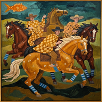 "Checkered Prairie Riders" – Modern Heavy Impasto Folk Western Figurative | 3D Moss Green & Golden Ochre Palette Knife Painting | Luxury Square Wall Art #PT 565