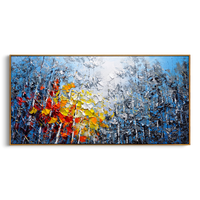 "Vivid Autumn Birch Grove" – Modern Heavy Impasto Impressionist Forest Landscape | 3D Cool Cerulean & Fiery Amber Palette Knife Painting | Luxury Horizontal Wall Art #PT 576