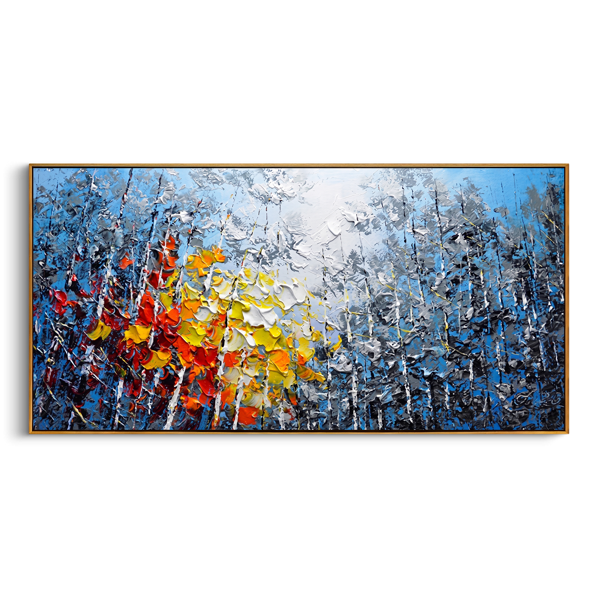 "Vivid Autumn Birch Grove" – Modern Heavy Impasto Impressionist Forest Landscape | 3D Cool Cerulean & Fiery Amber Palette Knife Painting | Luxury Horizontal Wall Art #PT 576