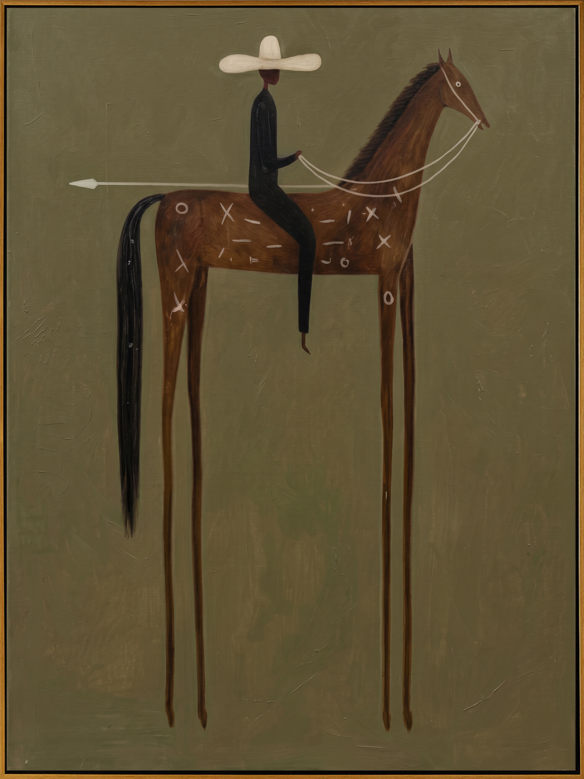 "Tall-Legged Tribal Cowboy" – Modern Heavy Impasto Western Figurative | 3D Moss Olive & Cinnamon Brown Palette Knife Painting | Luxury Vertical Wall Art #AB 510