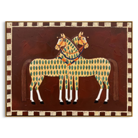 "Paired Folk Patterned Equines" – Modern Heavy Impasto Primitive Equestrian Figurative | 3D Russet Brown & Soft Sage Palette Knife Painting | Luxury Horizontal Wall Art #AN 151
