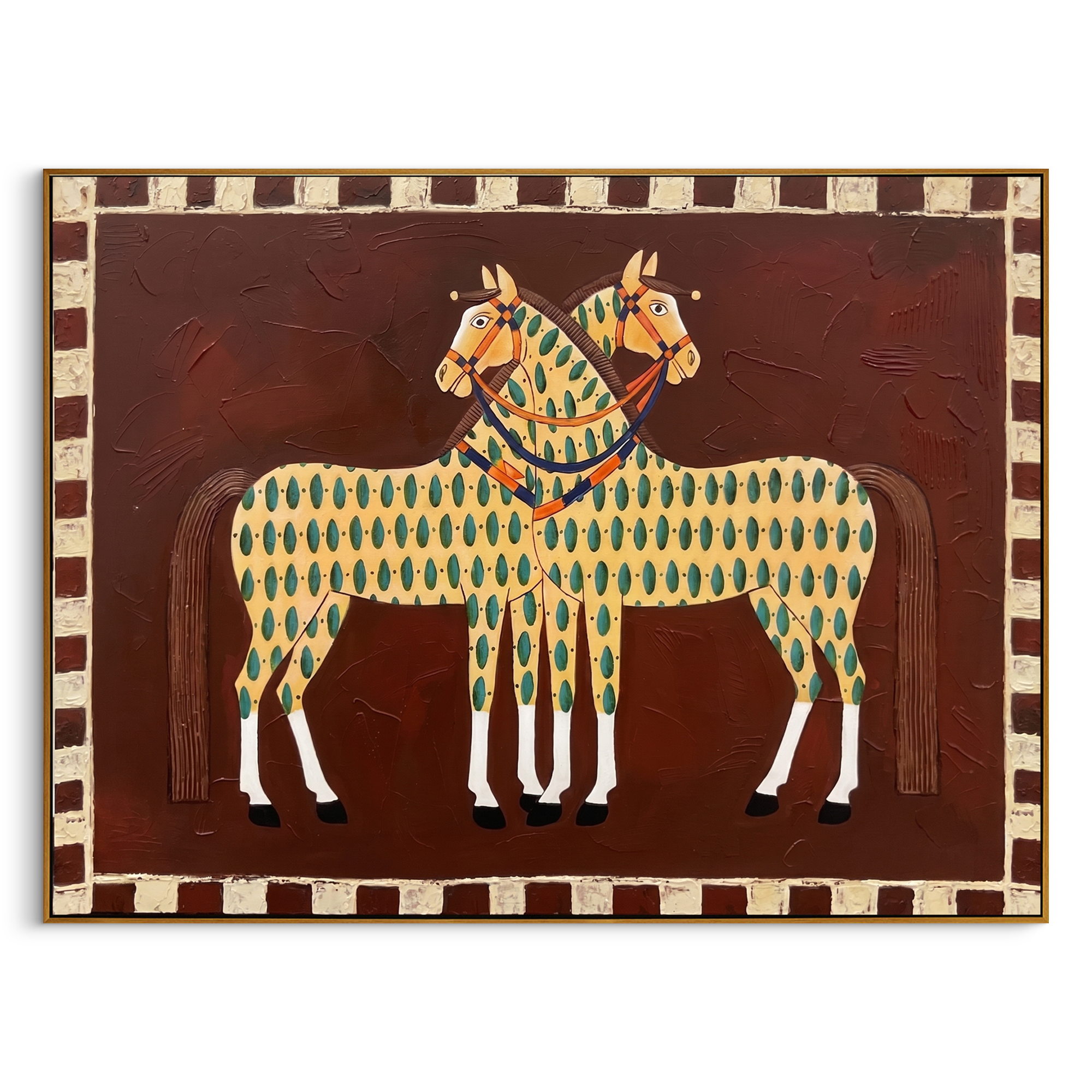 "Paired Folk Patterned Equines" – Modern Heavy Impasto Primitive Equestrian Figurative | 3D Russet Brown & Soft Sage Palette Knife Painting | Luxury Horizontal Wall Art #AN 151