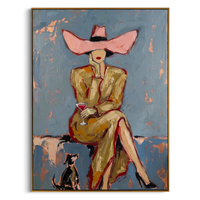 "Retro Elegance: Woman in Pink Hat" – Stylized Impasto Portrait | Sophisticated Neutral & Gold Accent Wall Decor | Contemporary Vertical Statement Piece #PE 507