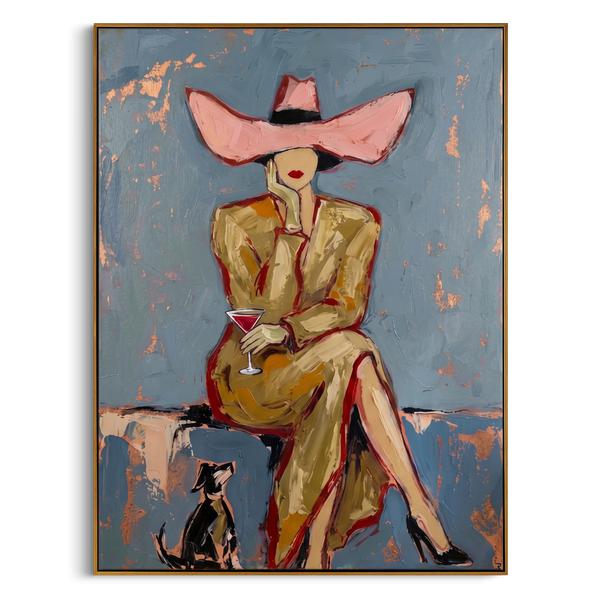 "Retro Elegance: Woman in Pink Hat" – Stylized Impasto Portrait | Sophisticated Neutral & Gold Accent Wall Decor | Contemporary Vertical Statement Piece #PE 507