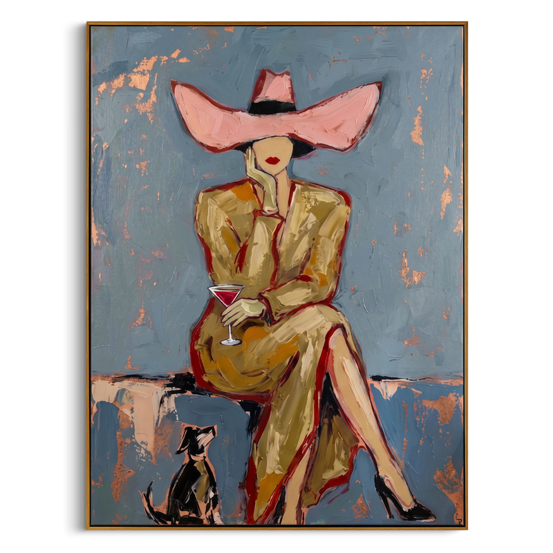 "Retro Elegance: Woman in Pink Hat" – Stylized Impasto Portrait | Sophisticated Neutral & Gold Accent Wall Decor | Contemporary Vertical Statement Piece #PE 507