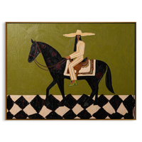 "Green Prairie Rider" - Modern Western Horse and Rider Art | Textured Green & Black Cowboy Canvas Painting | Luxury Horizontal Wall Art #PT 592