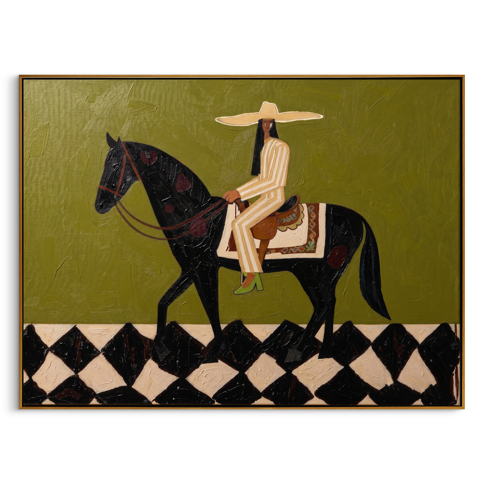"Green Prairie Rider" - Modern Western Horse and Rider Art | Textured Green & Black Cowboy Canvas Painting | Luxury Horizontal Wall Art #PT 592