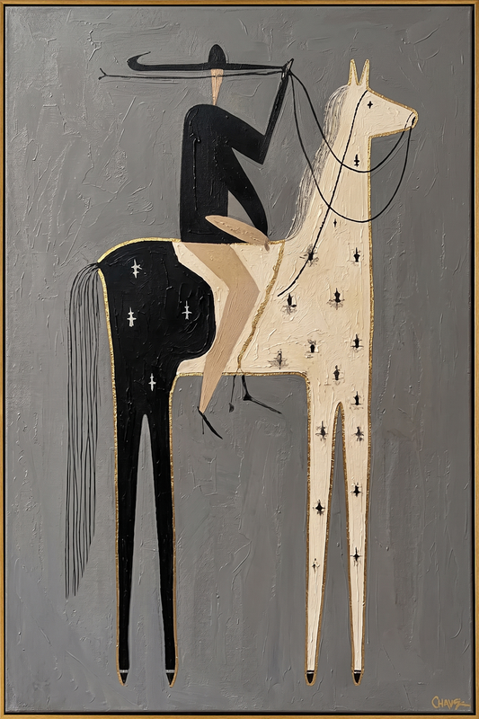 "Gilded Split-Hide Cowboy" – Modern Heavy Impasto Minimal Western Figurative | 3D Ash Gray & Ivory Black with Gold Trim Palette Knife Painting | Luxury Vertical Wall Art #AB 511