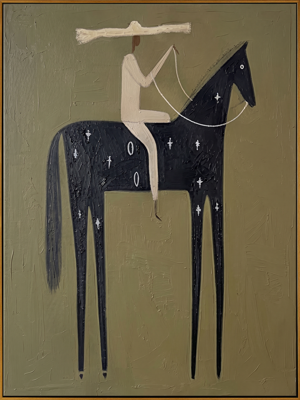 "Starry Marked Desert Horseman" – Modern Heavy Impasto Primitive Western Figurative | 3D Muted Olive & Cream Ebony Palette Knife Painting | Luxury Vertical Wall Art #AB 516