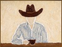 "Cowboy’s Quiet Coffee Break" – Modern Heavy Impasto Minimal Western Figurative | 3D Warm Cream & Slate Blue Palette Knife Painting | Luxury Horizontal Wall Art #PE 523