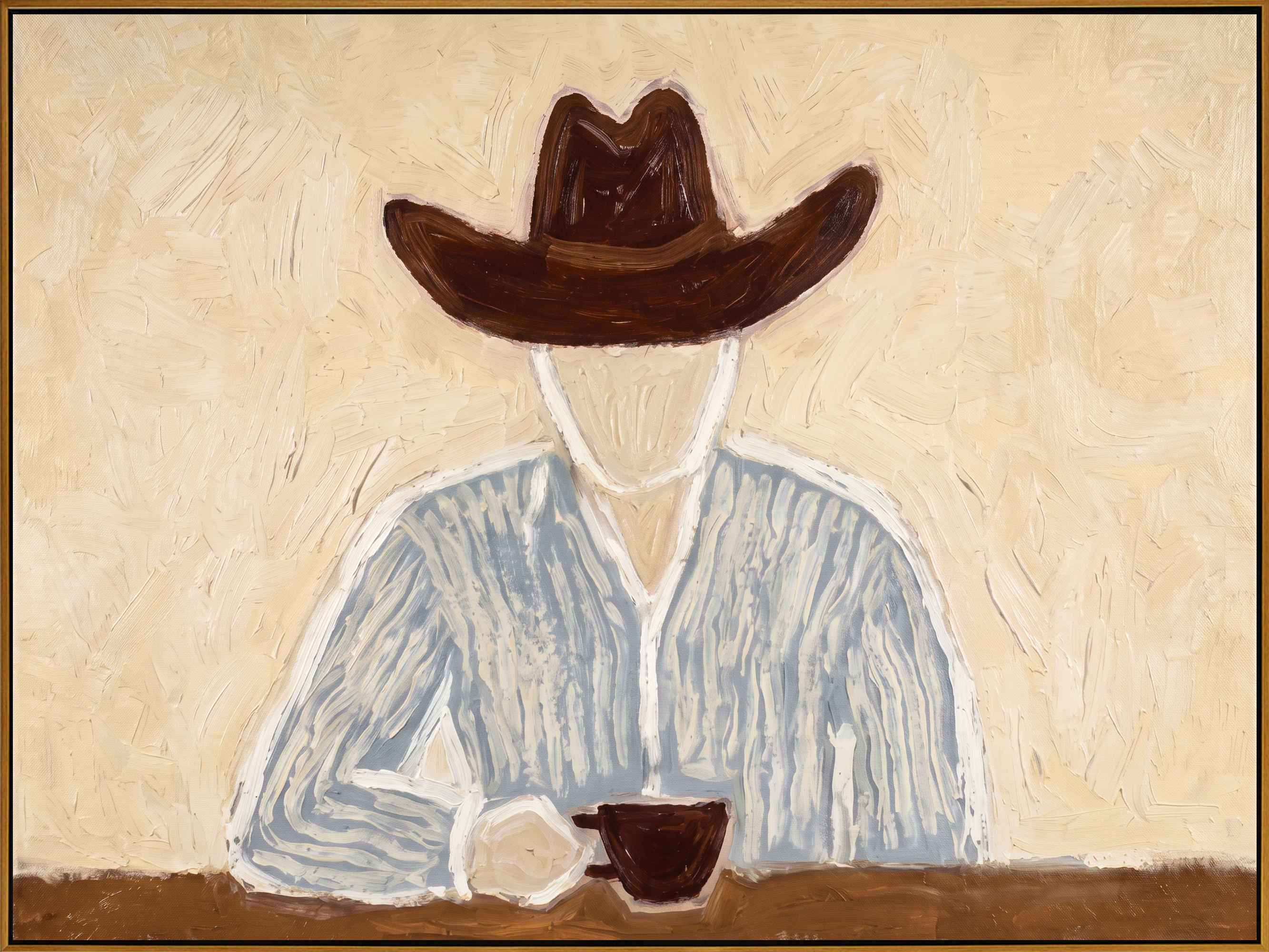 "Cowboy’s Quiet Coffee Break" – Modern Heavy Impasto Minimal Western Figurative | 3D Warm Cream & Slate Blue Palette Knife Painting | Luxury Horizontal Wall Art #PE 523