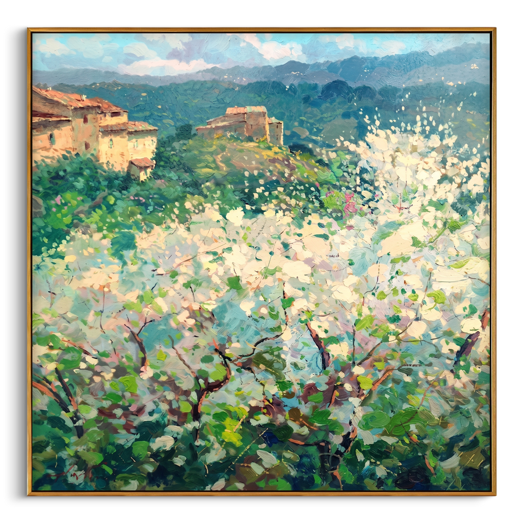 "Tuscan Spring Blossom Hamlet" - Modern Heavy Impasto Impressionist Country Landscape | 3D Soft Ivory Bloom & Forest Sage Palette Knife Painting | Luxury Square Wall Art #PT 584