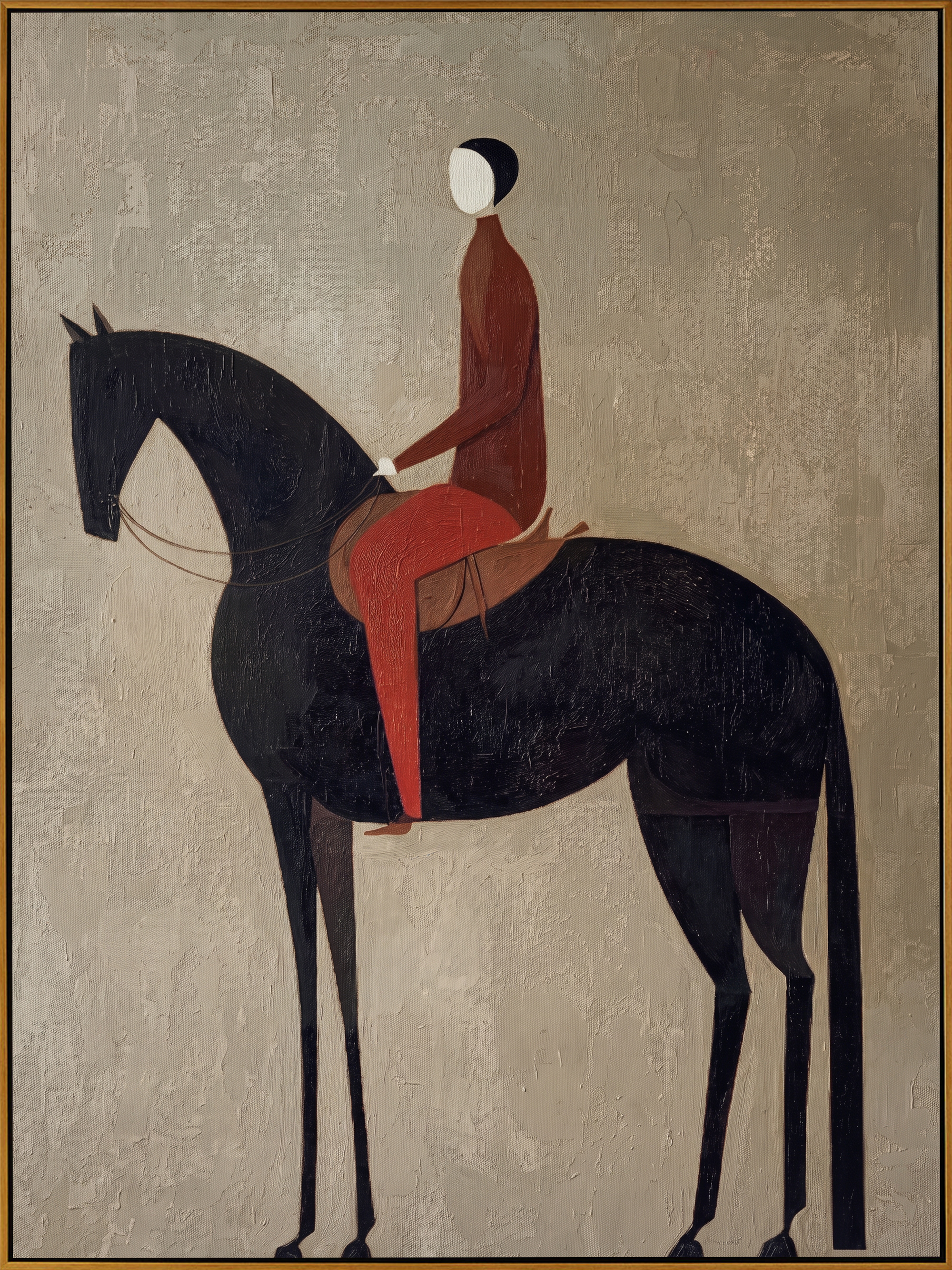 Minimalist Crimson Equestrian" – Modern Heavy Impasto Figurative Art | 3D Ash Grey & Burgundy Palette Knife Painting | Luxury Vertical Wall Art #AB 509