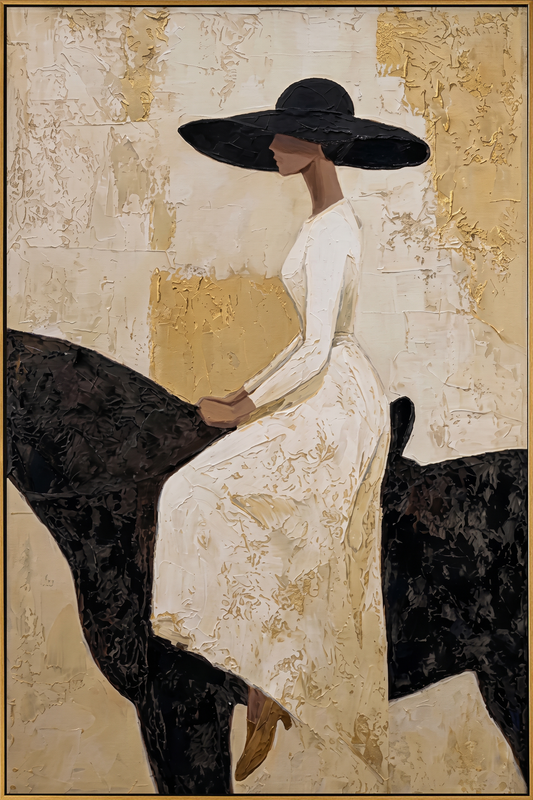 "Equestrian Elegance" – Modern Heavy Impasto Figurative Art | 3D Ivory & Gold Leaf Palette Knife Painting | Luxury Vertical Wall Art #PE 515