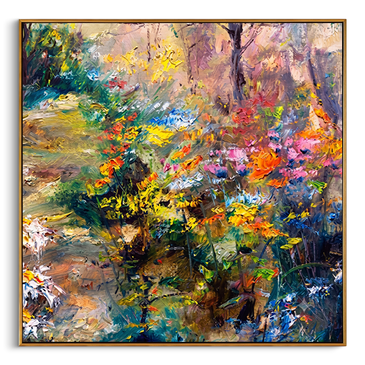 "Wildflower Woodland Bloom" – Modern Heavy Impasto Impressionist Landscape | 3D Golden Citrus & Forest Sage Palette Knife Painting | Luxury Square Wall Art #PT 568