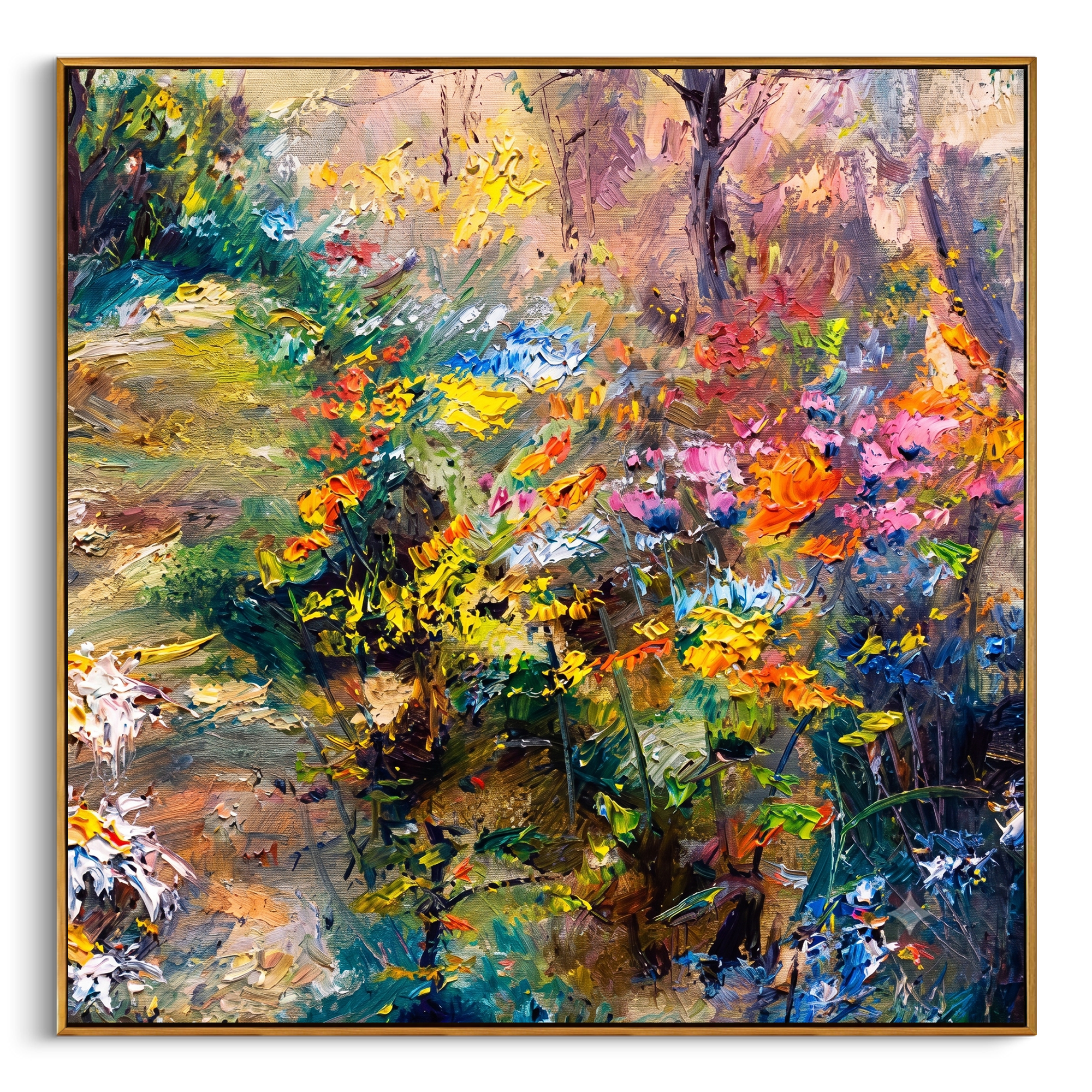 "Wildflower Woodland Bloom" – Modern Heavy Impasto Impressionist Landscape | 3D Golden Citrus & Forest Sage Palette Knife Painting | Luxury Square Wall Art #PT 568