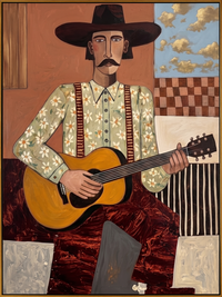 "The Western Guitarist" – Modern Folk Impasto Portrait | 3D Terracotta & Gold Palette Knife Painting | Luxury Vertical Wall Art #PE 506