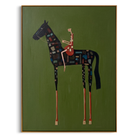 "Mosaic Patchwork Equestrian" – Modern Heavy Impasto Folk Figurative | 3D Moss Green & Multicolored Mosaic Palette Knife Painting | Luxury Square Wall Art #AB 512