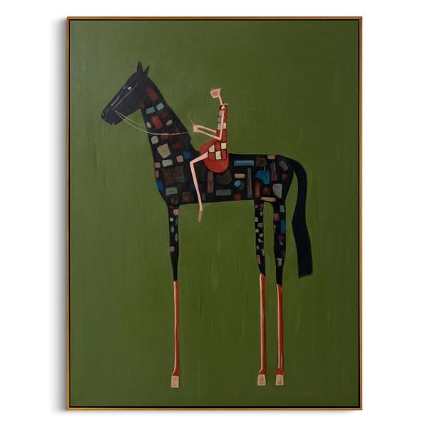 "Mosaic Patchwork Equestrian" – Modern Heavy Impasto Folk Figurative | 3D Moss Green & Multicolored Mosaic Palette Knife Painting | Luxury Square Wall Art #AB 512