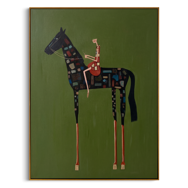 "Mosaic Patchwork Equestrian" – Modern Heavy Impasto Folk Figurative | 3D Moss Green & Multicolored Mosaic Palette Knife Painting | Luxury Square Wall Art #AB 512