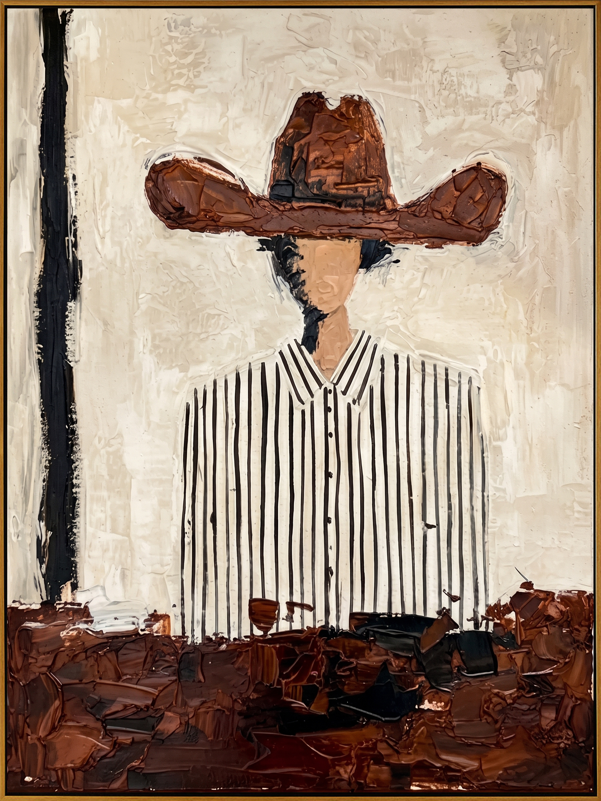"Rustic Striped Cowgirl" – Expressive Sculptural Portrait Art | 3D Layered Terracotta & Black Canvas | Luxury Vertical Wall Art #PE 505