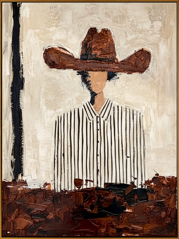 "Rustic Striped Cowgirl" – Expressive Sculptural Portrait Art | 3D Layered Terracotta & Black Canvas | Luxury Vertical Wall Art #PE 505
