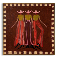 "Trio Retro Cowgirl Figures" – Modern Heavy Impasto Folk Western Figurative | 3D Cocoa Umber & Blush Terracotta Palette Knife Painting | Luxury Square Wall Art #AB 524