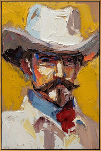 "Sunlit Cowboy Portrait" – Modern Heavy Impasto Western Art | 3D Marigold & Crimson Palette Knife Painting | Luxury Vertical Wall Art #PE 522